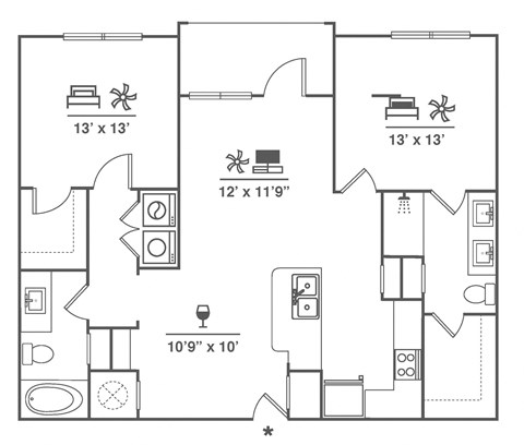 Floor plan for 2 beds, 2 baths, 1149 sqft